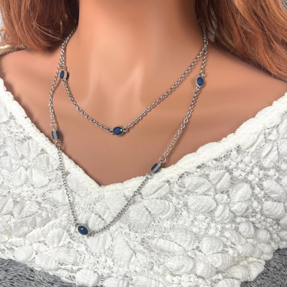 Cottagecore Long Necklace Silver Tone Blue Layered Classic Elegant Preppy 21904